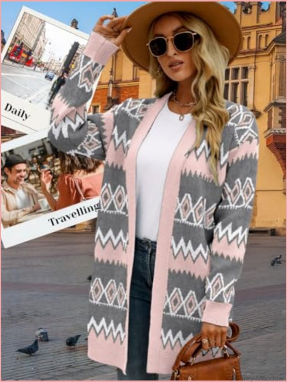 Aztec Print Long Cardigan, Open Front Knit Sweater, Lightweight - Picture 3 of 7